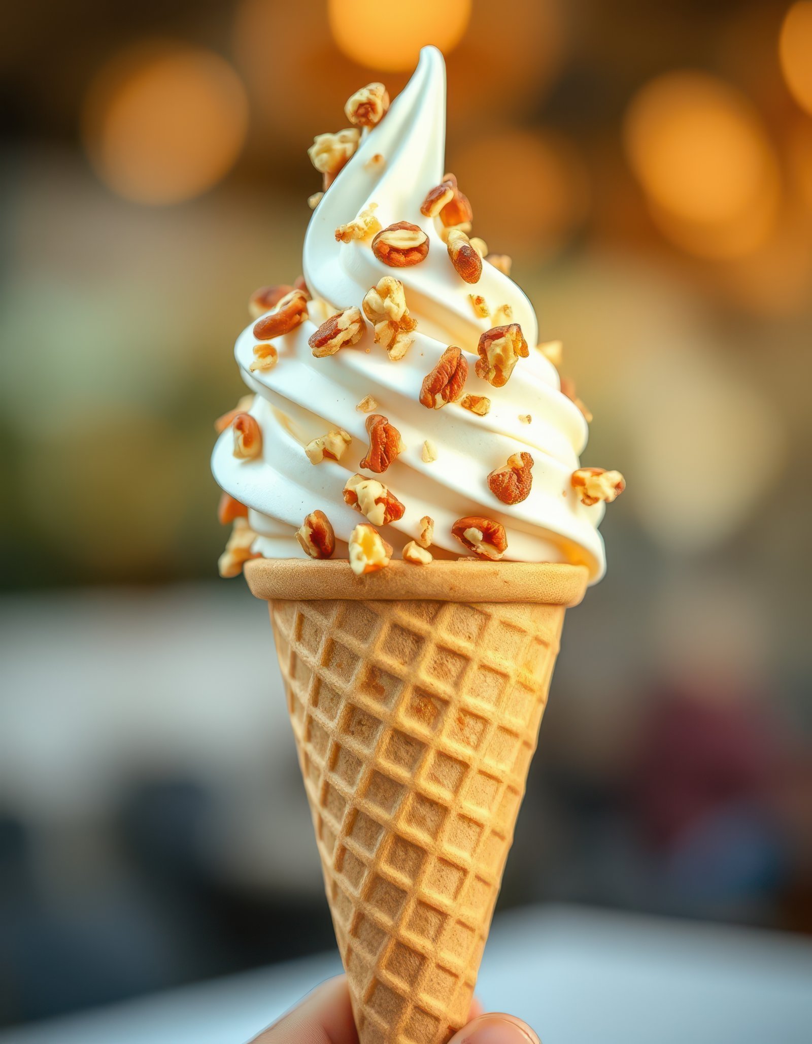 Delicious soft serve ice cream topped with caramel popcorn in a cone served on a warm day